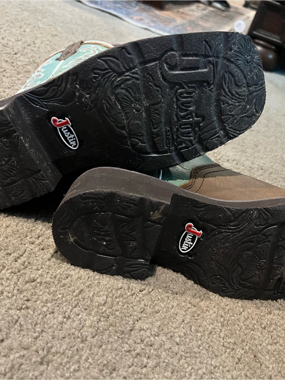 Justin Boots Brown & Teal Embroidered Western Cowboy Boots - Picture 2 of 2